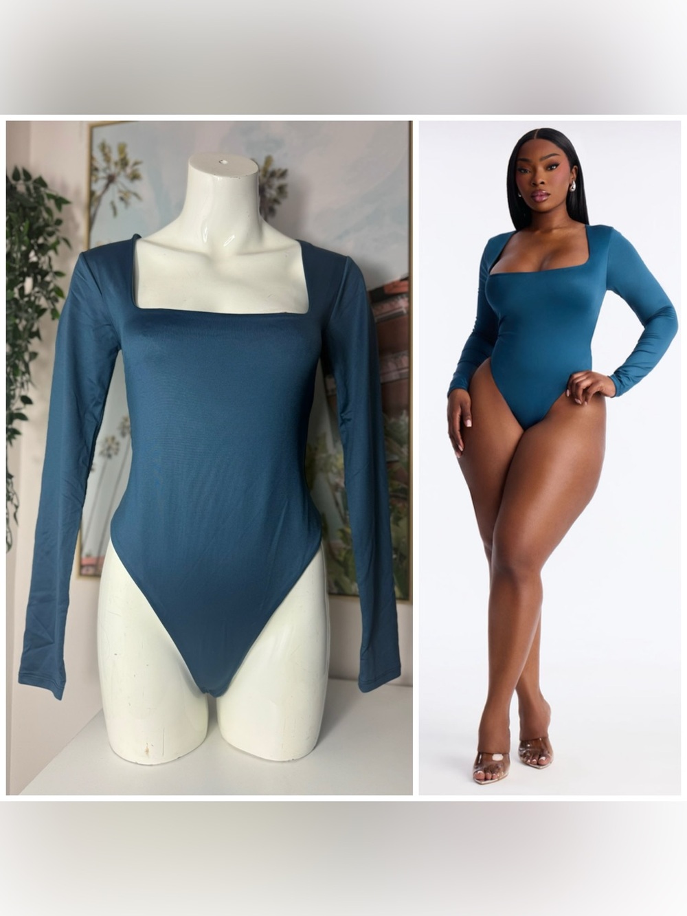 Fashion Nova Teal Blue Square Neck Bodysuit Size XL Long Sleeve Double Lined